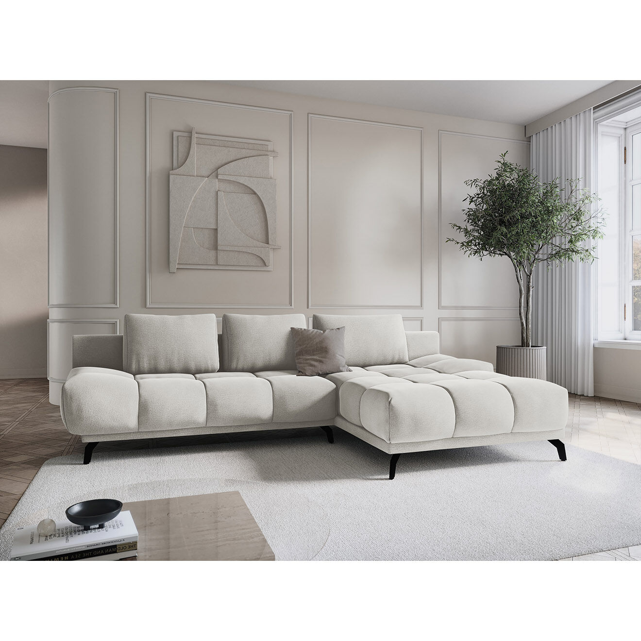 Windsor & Co Canapé d'angle Droit Convertible avec Coffre Cirrus 5 Places beige clair - 290x182x90 cm