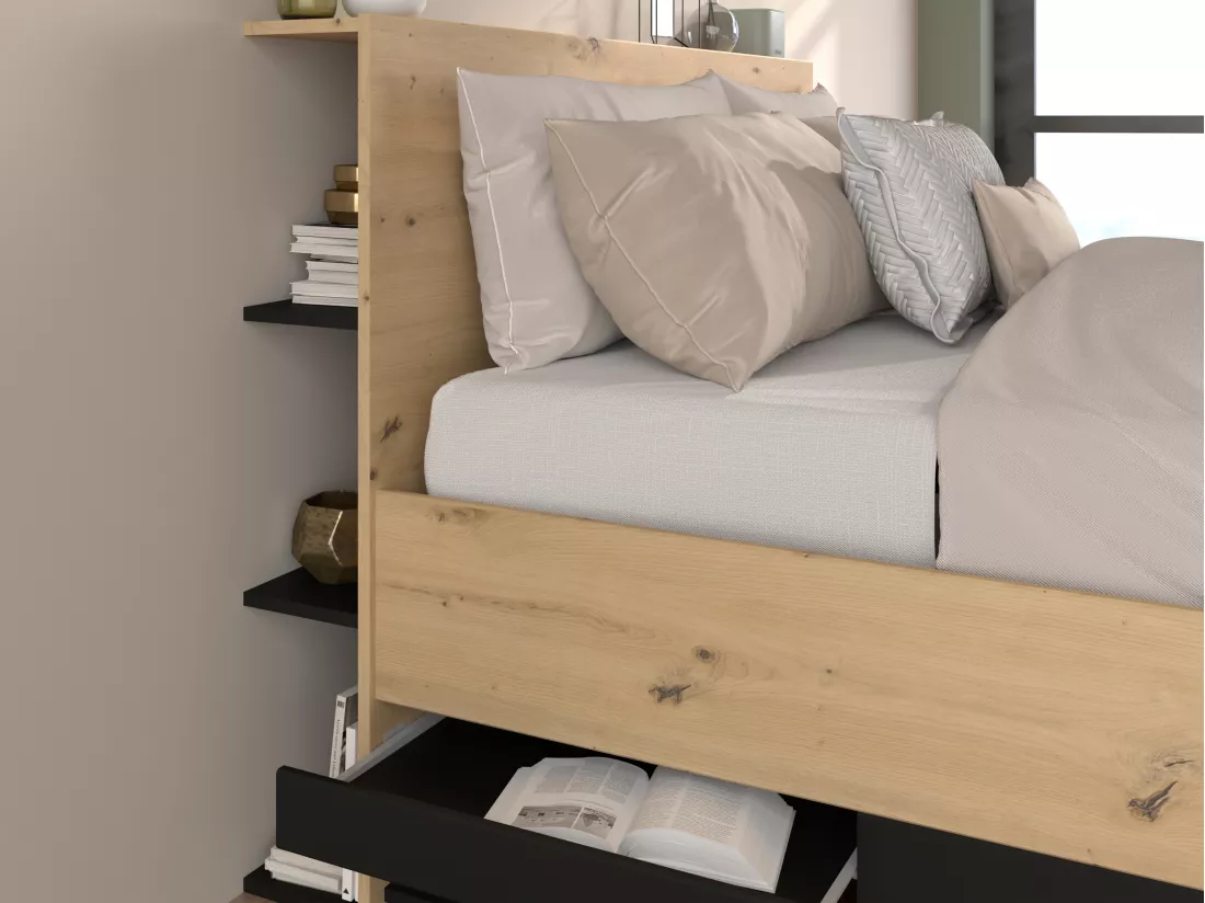 Lit coffre 140 x 190 cm - Coloris : Naturel et noir + Matelas - RADANI
