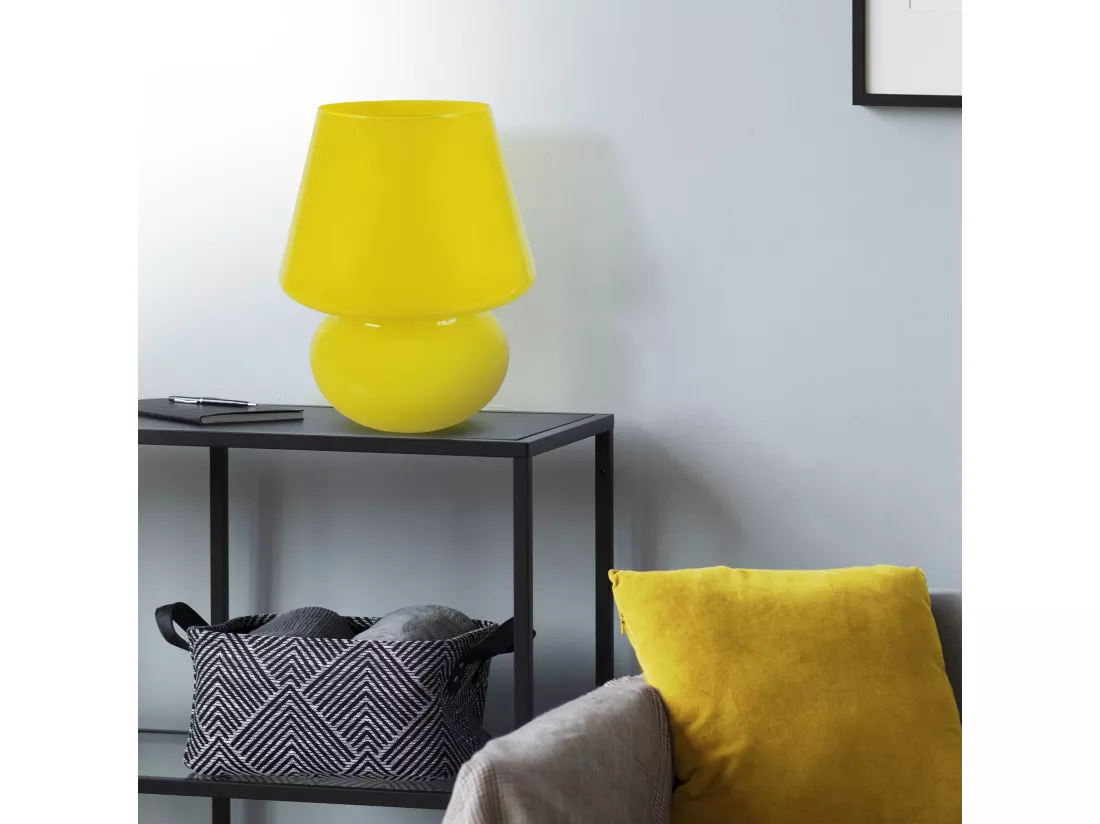 Lampe a poser champignon verre jaune 37 cm.
