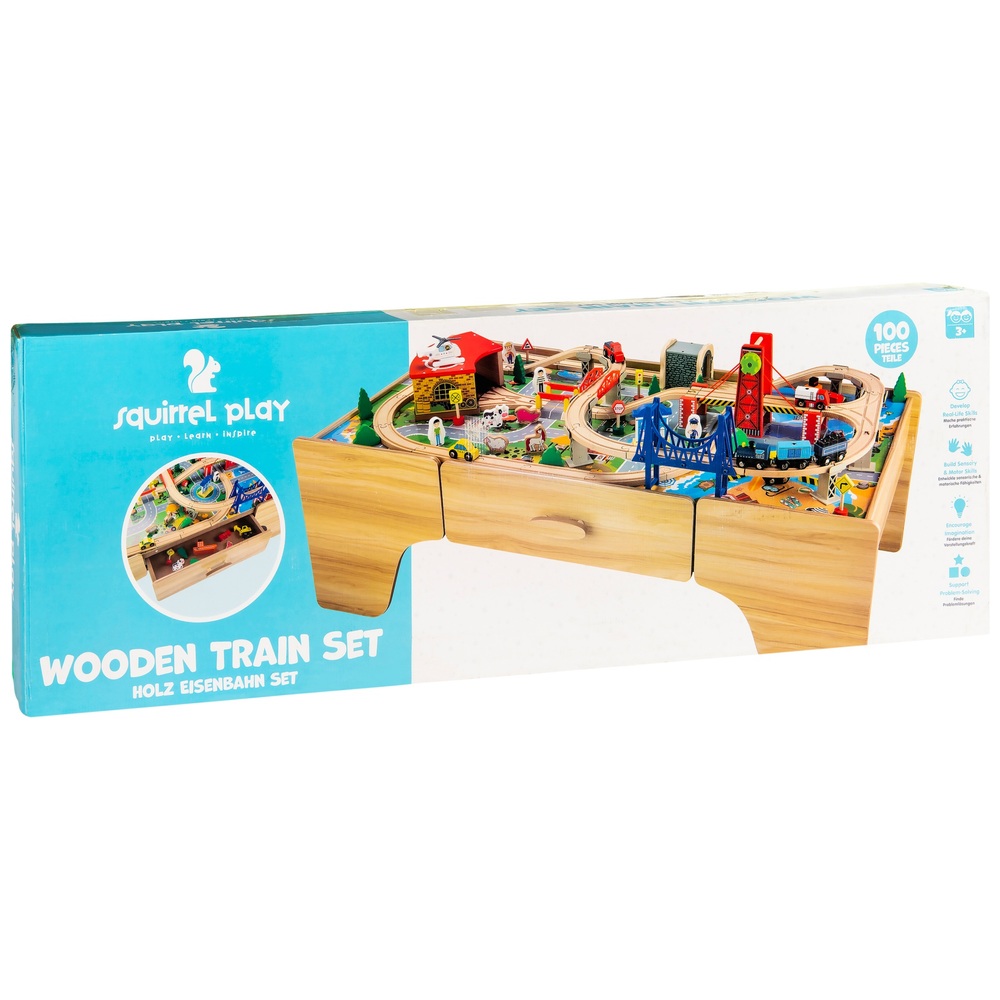 Squirrel Play 100-teiliges Holzeisenbahnset & Tisch