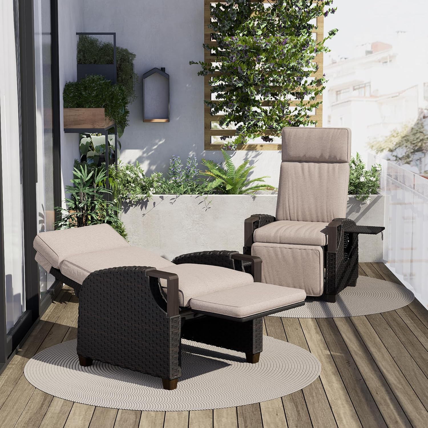 Grand patio Relaxliege Liegesessel mit Sitzkissen Armlehnensessel Verstellbare Rückenlehne Rattan Sonnenliege für Innen, Außeneinsatz, Khaki Sitzkissen & Dunkelbraun