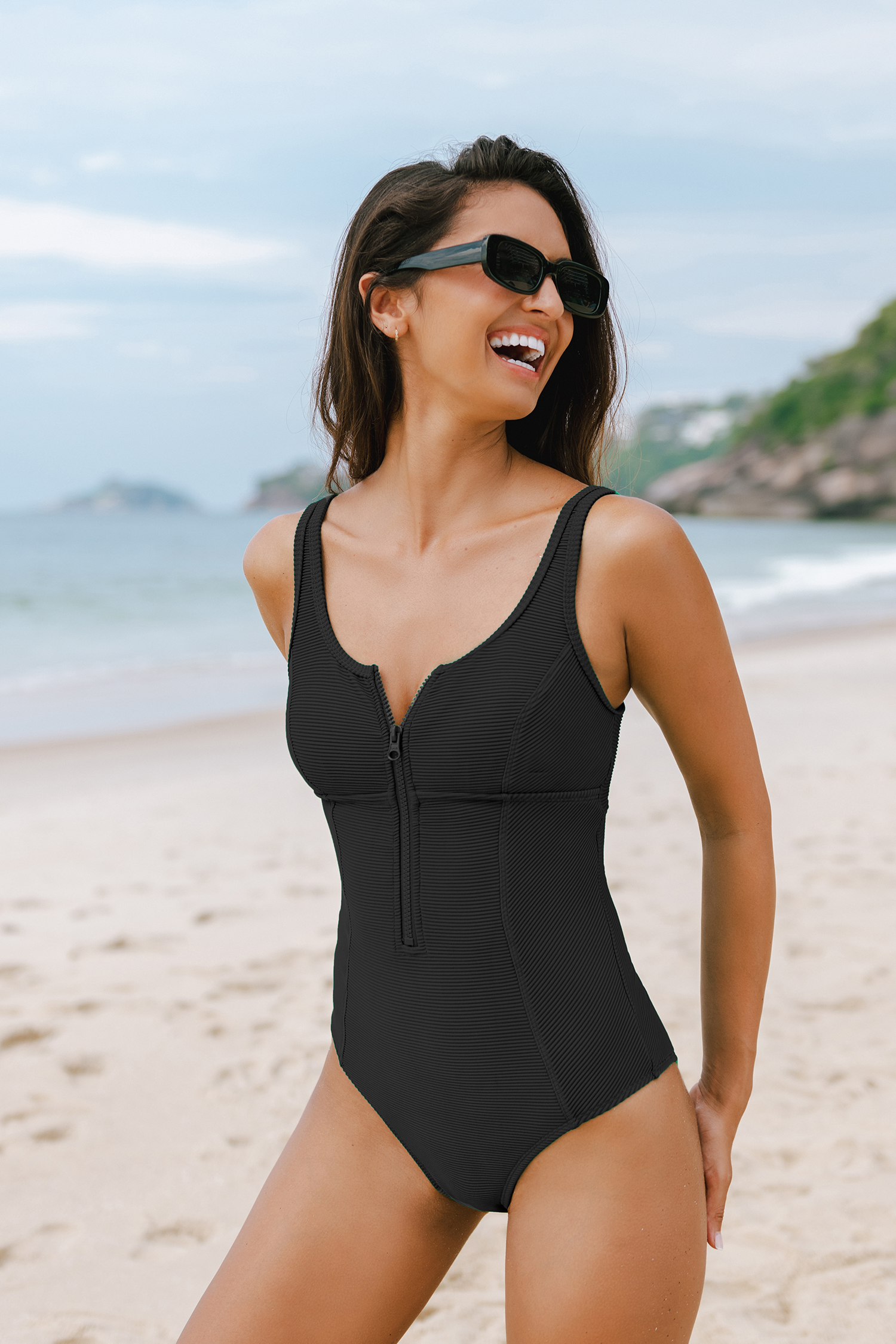 Maillot de bain une pièce ventre plat à zip sur le devant noir