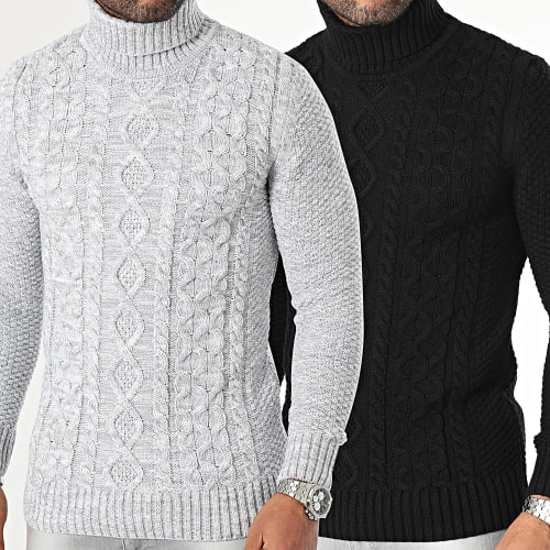 Lot De 2 Pulls Col Roulé Torsades 0064 0186 Noir Gris