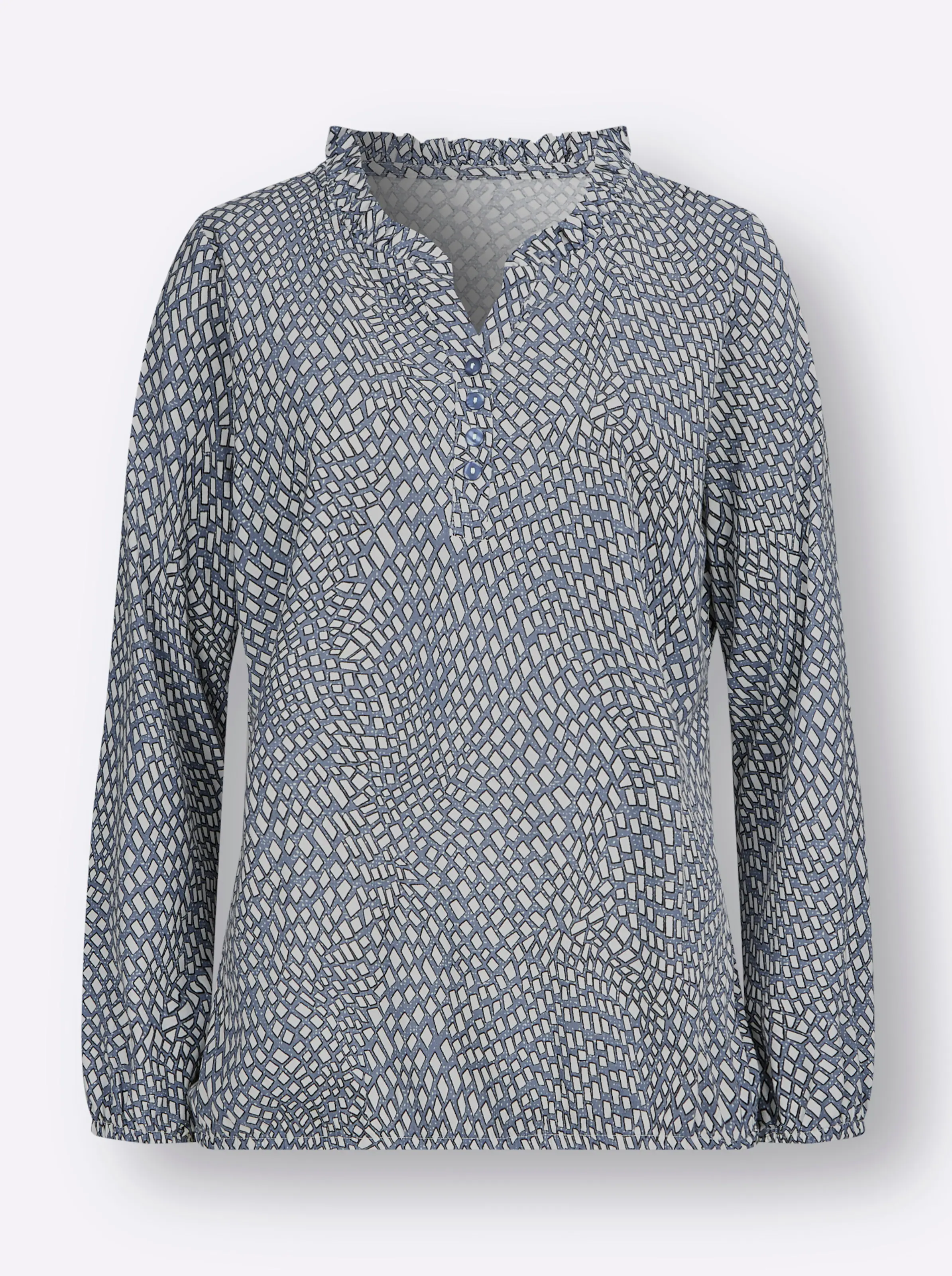 Langarmshirt in rauchblau-ecru-bedruckt