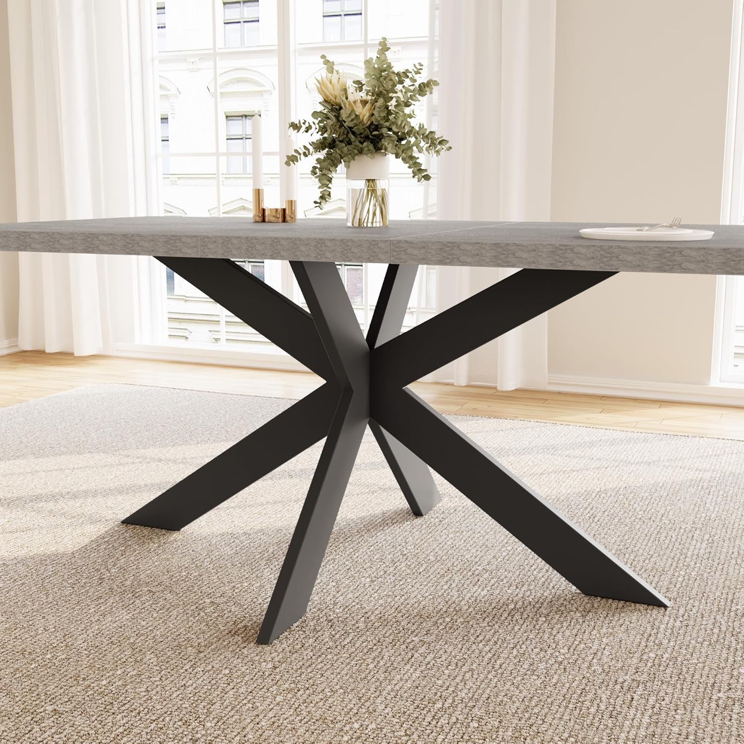 JIEXI Essgruppen Für 4-6 Personen, Esstisch Ausziehbar Mit Stühlen, Moderner Grauer MDF-Holztisch, Geeignet Für Wohnzimmer, Küche (130-170cm Tisch + 6 X-förmig Grau Stühle)