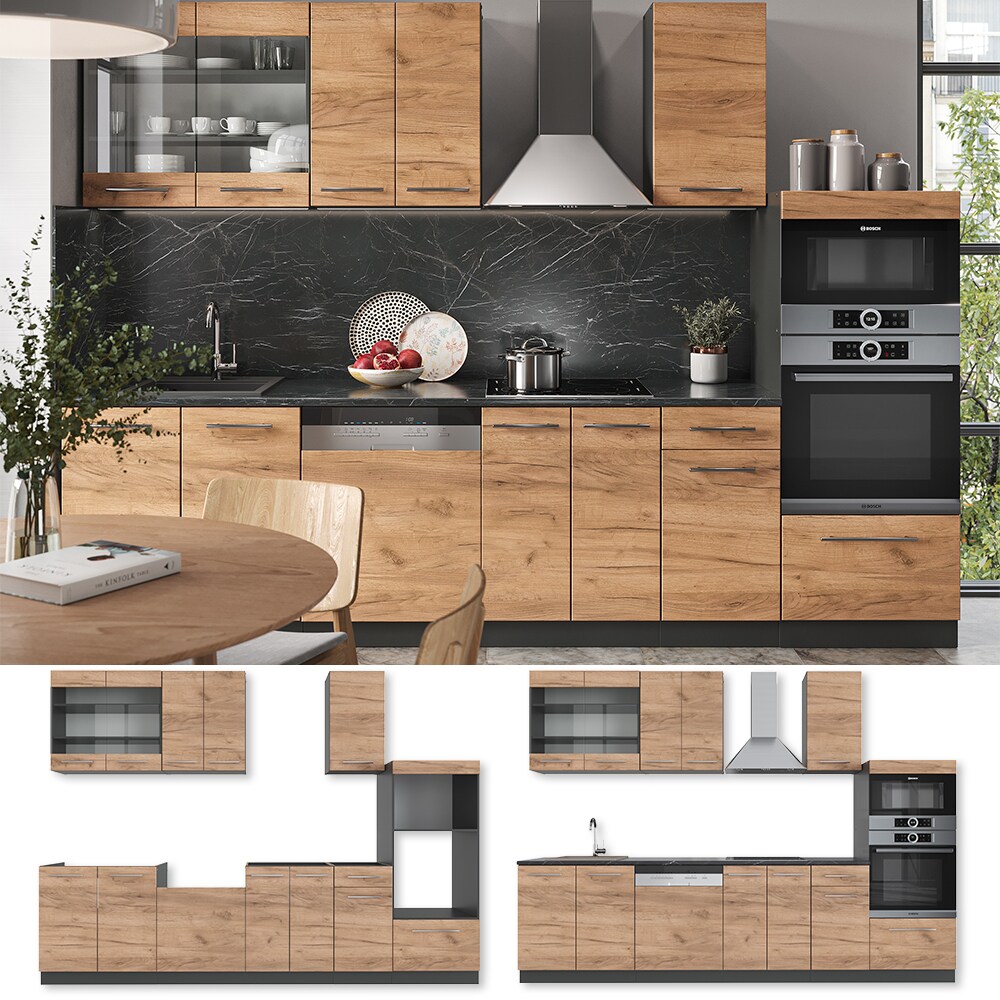 Vicco Küchenzeile Küchenblock Einbauküche Fame-Line Anthrazit Eiche 300 cm modern Küchen Schränke Schubunterschrank Unterschrank Spülenunterschrank Hängeschrank Mikrowellenschrank Geschirrspülerblende