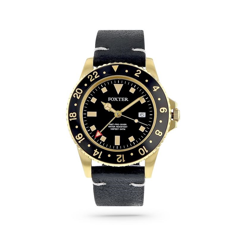 Montre Homme Foxter Sixties bracelet cuir noir, boitier PVD doré et fond noir - SIXTIES1
