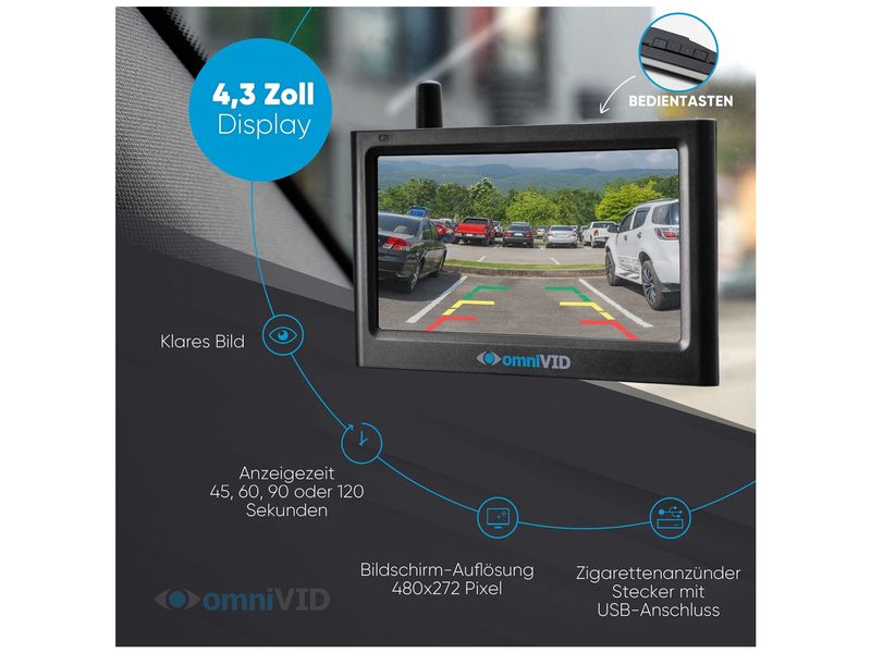 omniVID Rückfahrkamerasystem Solar4 Premium, 4.3 Zoll Premium Kamera-Monitor-Systeme