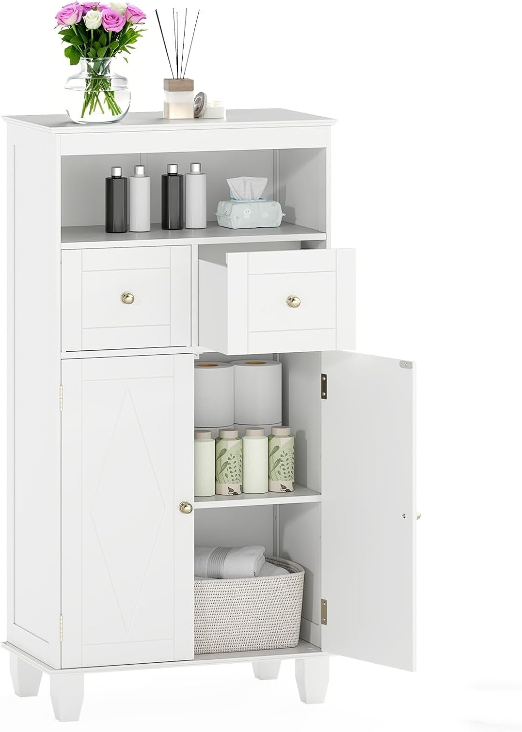 LIFEZEAL Badezimmerschrank, Freistehender Badschrank, Modern Hochschrank mit 2 Schubladen & Türen, offenem Fach, Aufbewahrungsschrank Holz für Badezimmer, Wohnzimmer, Küche, 56 x 30 x 108 cm