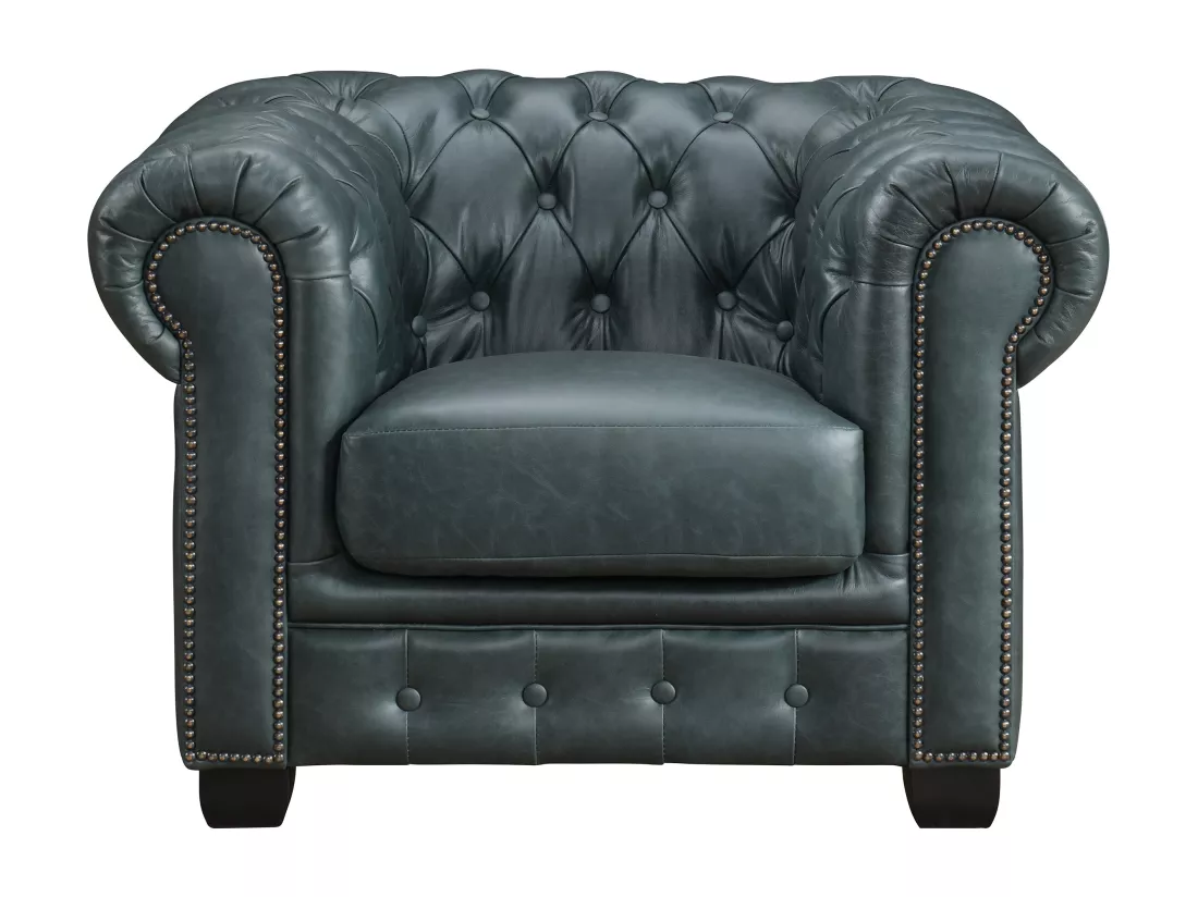 Fauteuil chesterfield BRENTON 100% cuir de buffle premium - Vert de gris