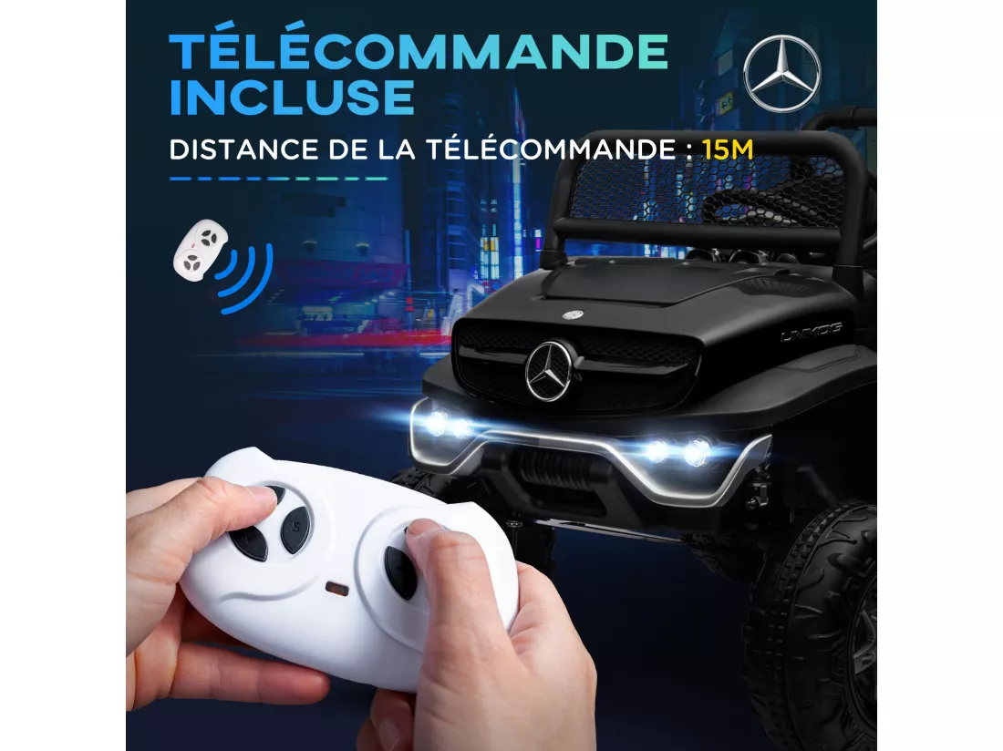Voiture électrique 4x4 pour enfants de 3 à 8 ans 12 V Mercedes-Benz Unimog 2 moteurs avec télécommande, roues suspendues, klaxons, lumières, musique, noir