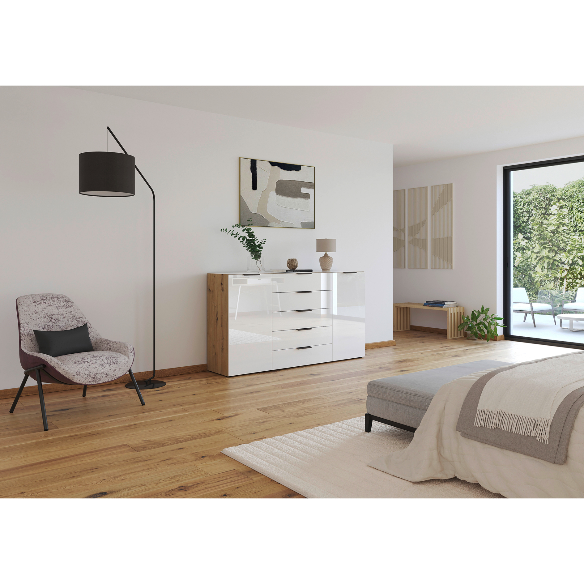 Kommode - Artisan Eiche-Kristallweißglas - Graphitgriffe - 180 cm
