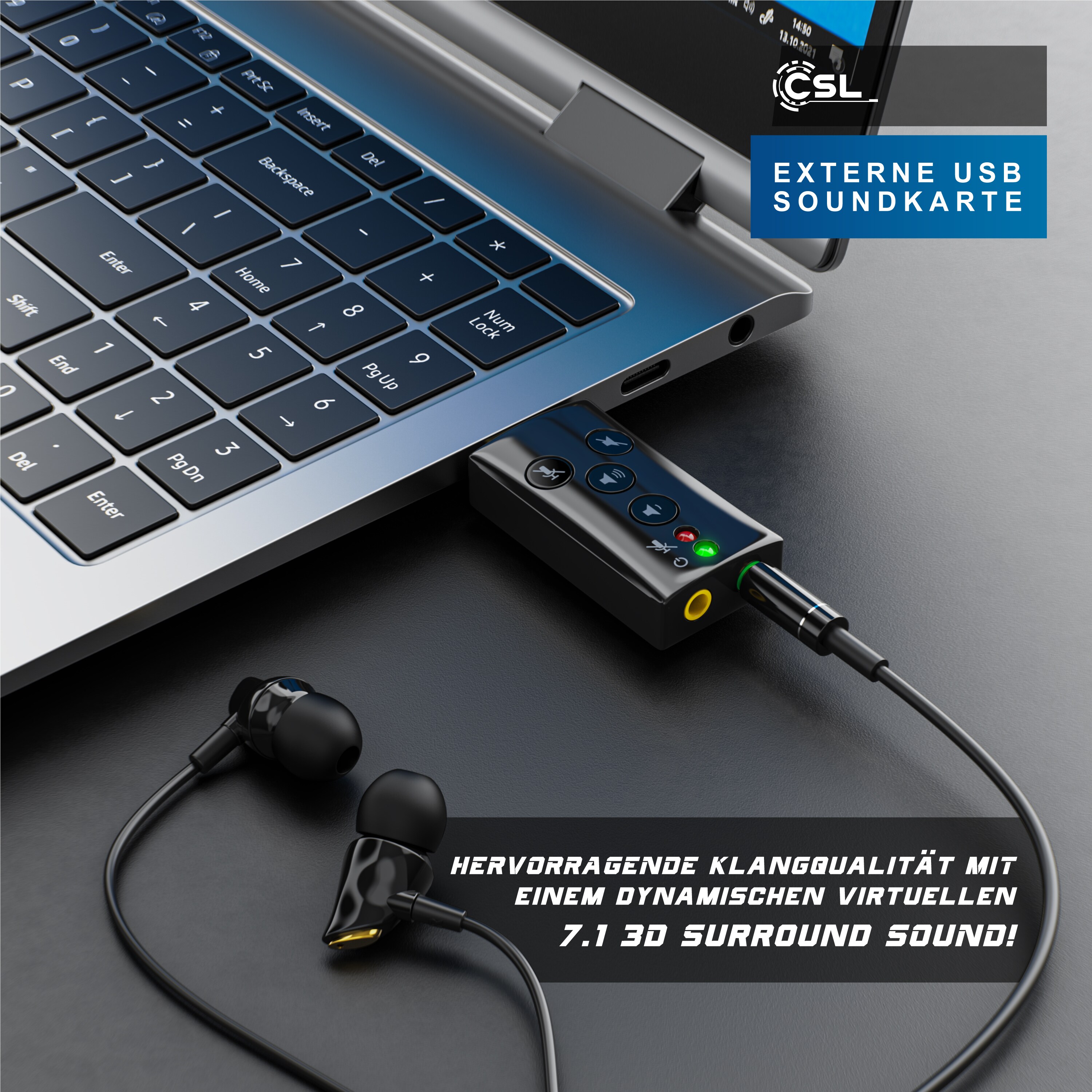 CSL Externe USB Soundkarte mit Virtual Surround Funktionstasten / Dynamic 3D Surround Sound