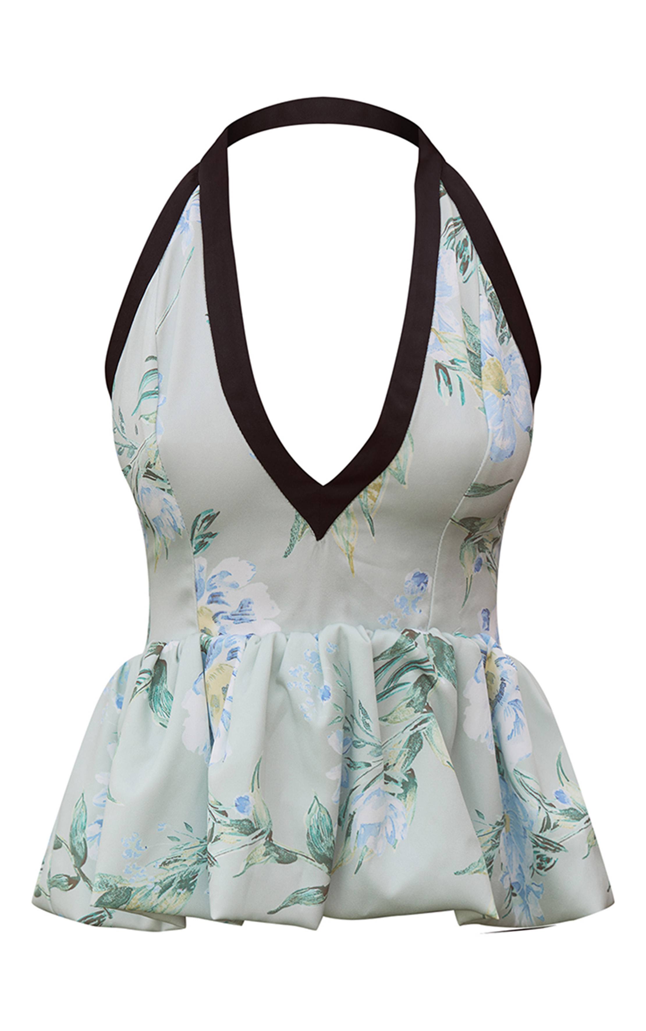 Vert Haut À Col Licou En Coton Imprimé Floral Avec Ourlet Bouffant
