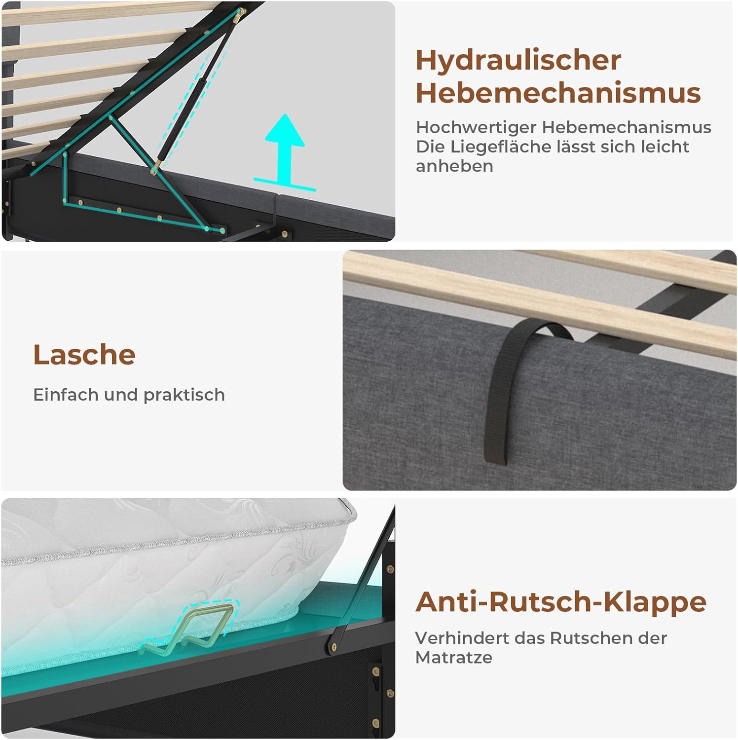 AOGLLATI Polsterbett 140×200 mit Steckdosen und LED-Beleuchtung, Doppelbett mit Stauraum Kopfteil, Bett 140×200 mit Hydraulische Stauraum und Lattenrost aus Holz, Linen, Dunkelgrau（Ohne Matratze）