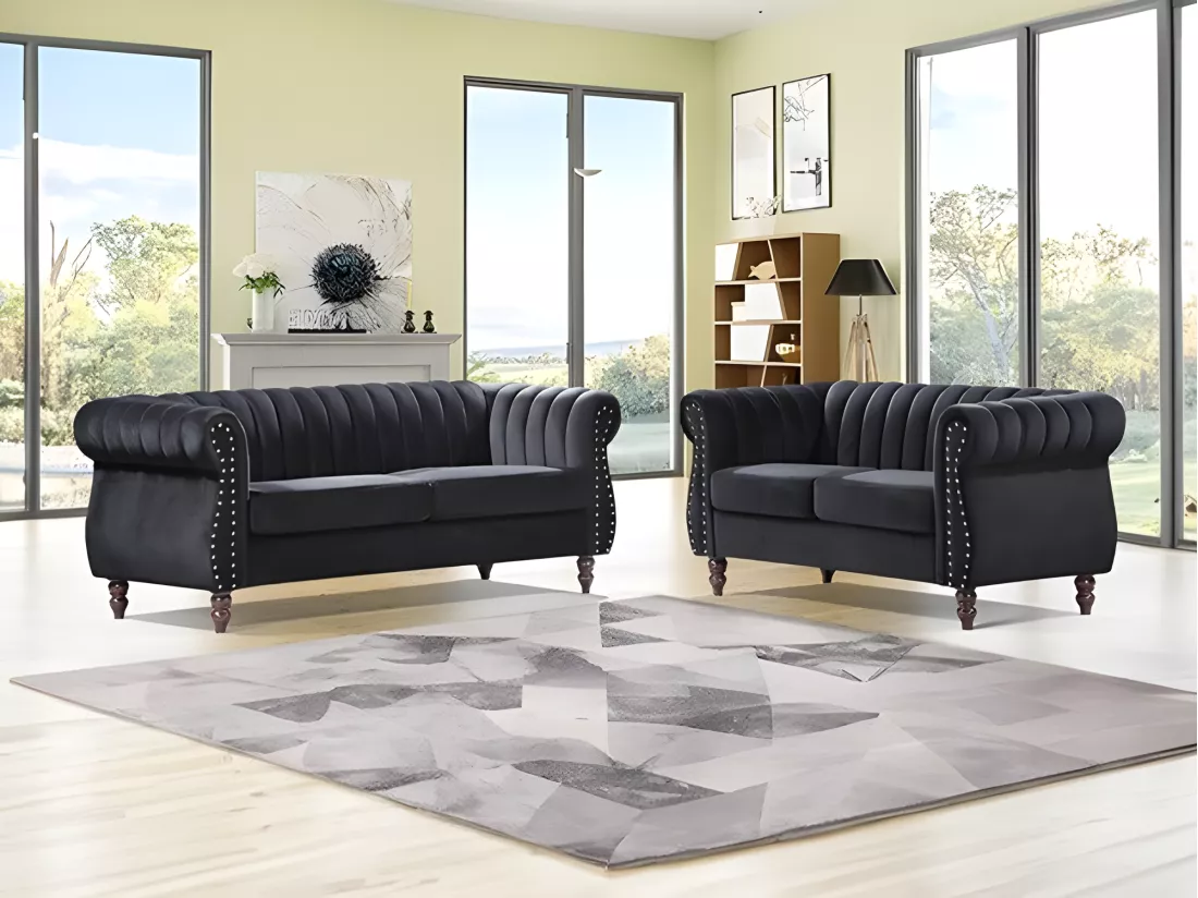 Canapés chesterfield 3 places et 2 places en velours noir TRUMBO