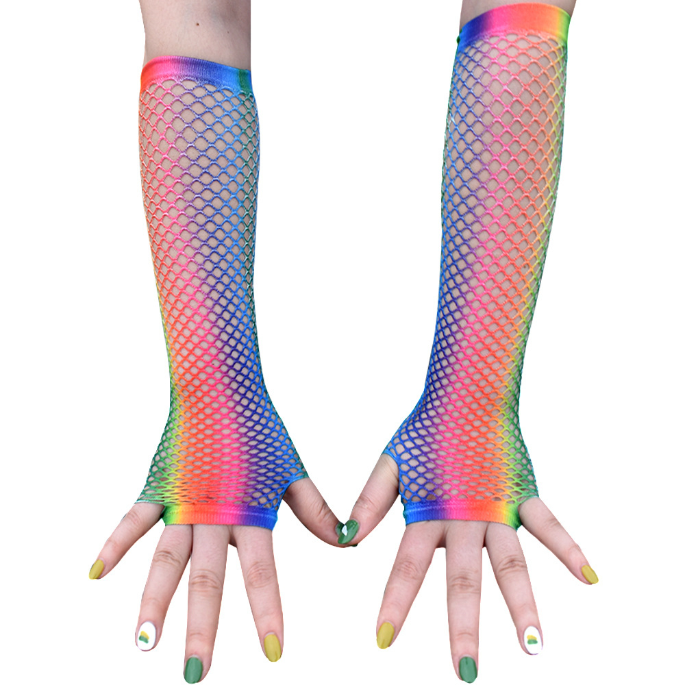 (1 Paar) Regenbogen Netzhandschuhe Fasnachts Kostüm Zubehör Motto Party Accessoire Halloween Foto Requisite - Bunt