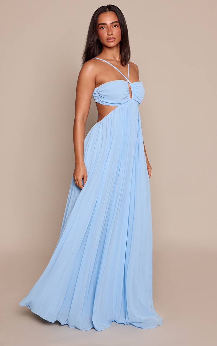 Bleu Robe Maxi Bandeau Petite Taille Avec Détails Plissés, Nœud Devant Et Découpe À La Taille