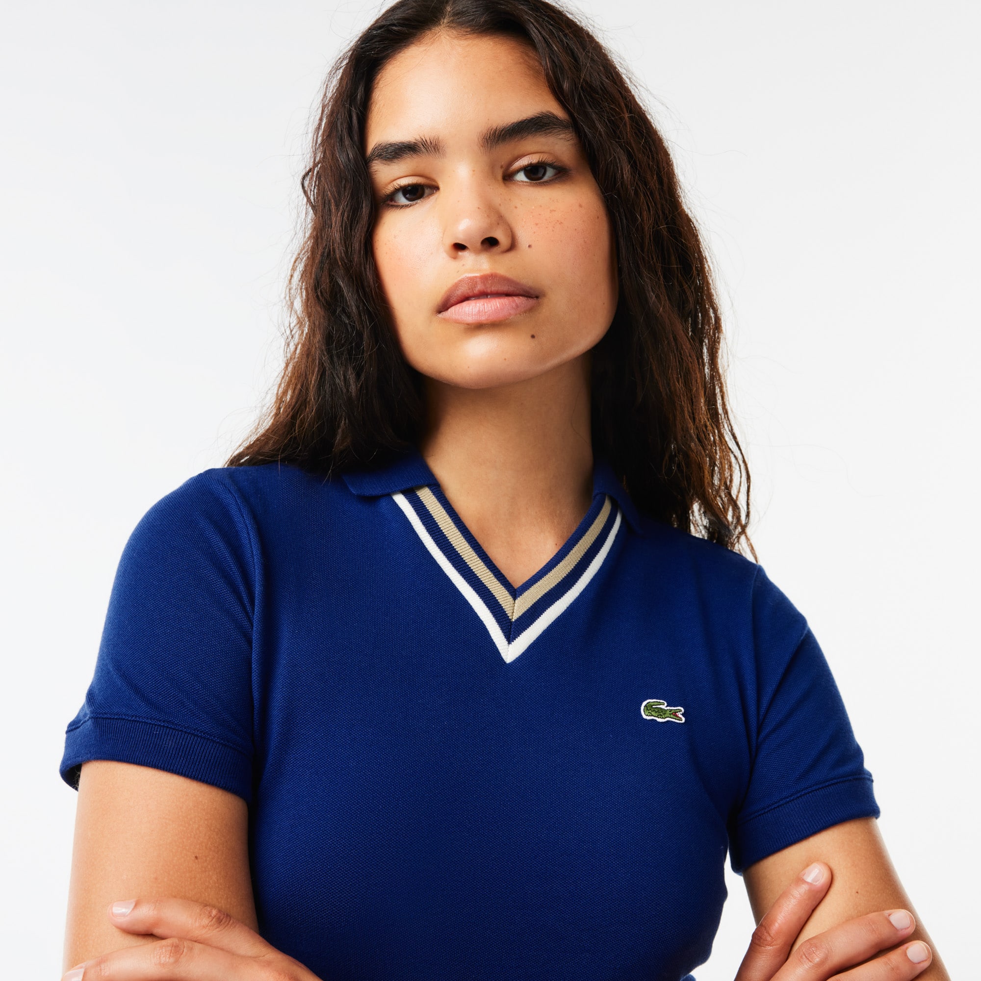 Polo slim fit col V en petit piqué extensible Manches Longues - Bleu - Lacoste - Femme