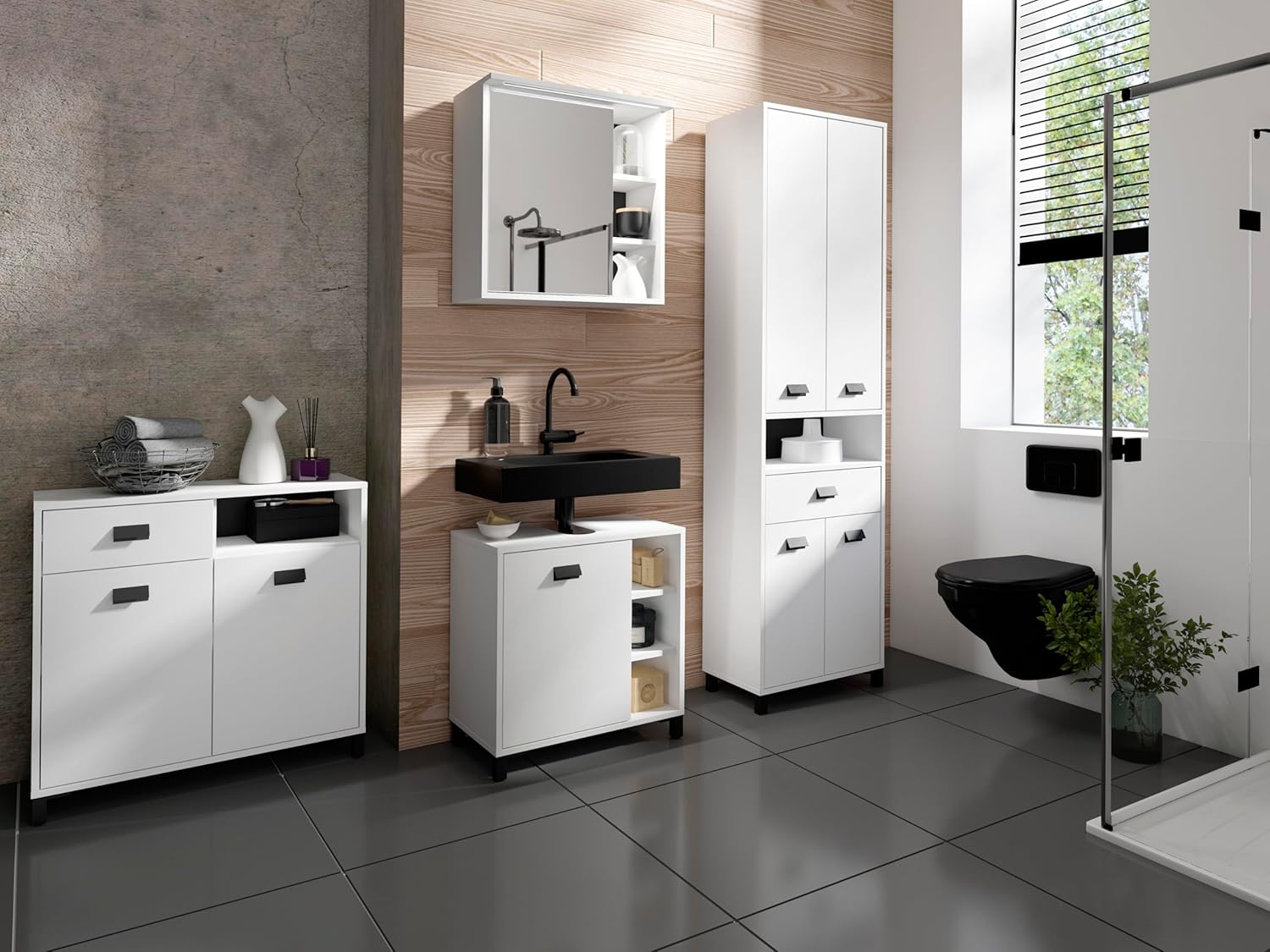 byLIVING Badezimmer-Hochschrank Wellness in Melamin weiß, Griffe aus Metall in schwarz/Badezimmerschrank 4 Türen mit offenen Elementen & viel Stauraum/B 54, H 193, T 31 cm