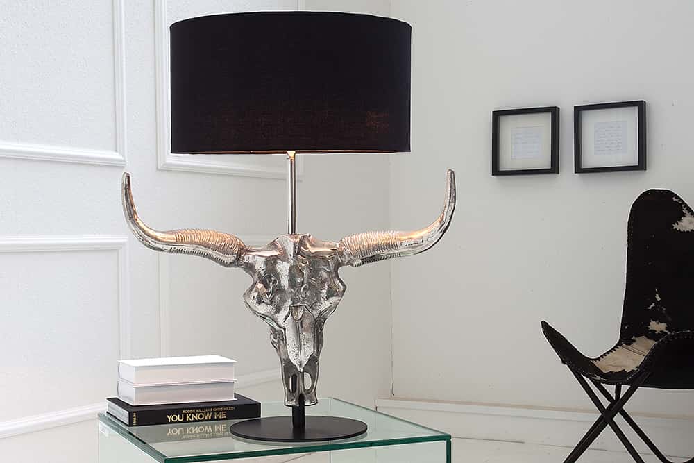 Extravagante Tischlampe EL TORO 68cm schwarz Stierkopf Tischleuchte