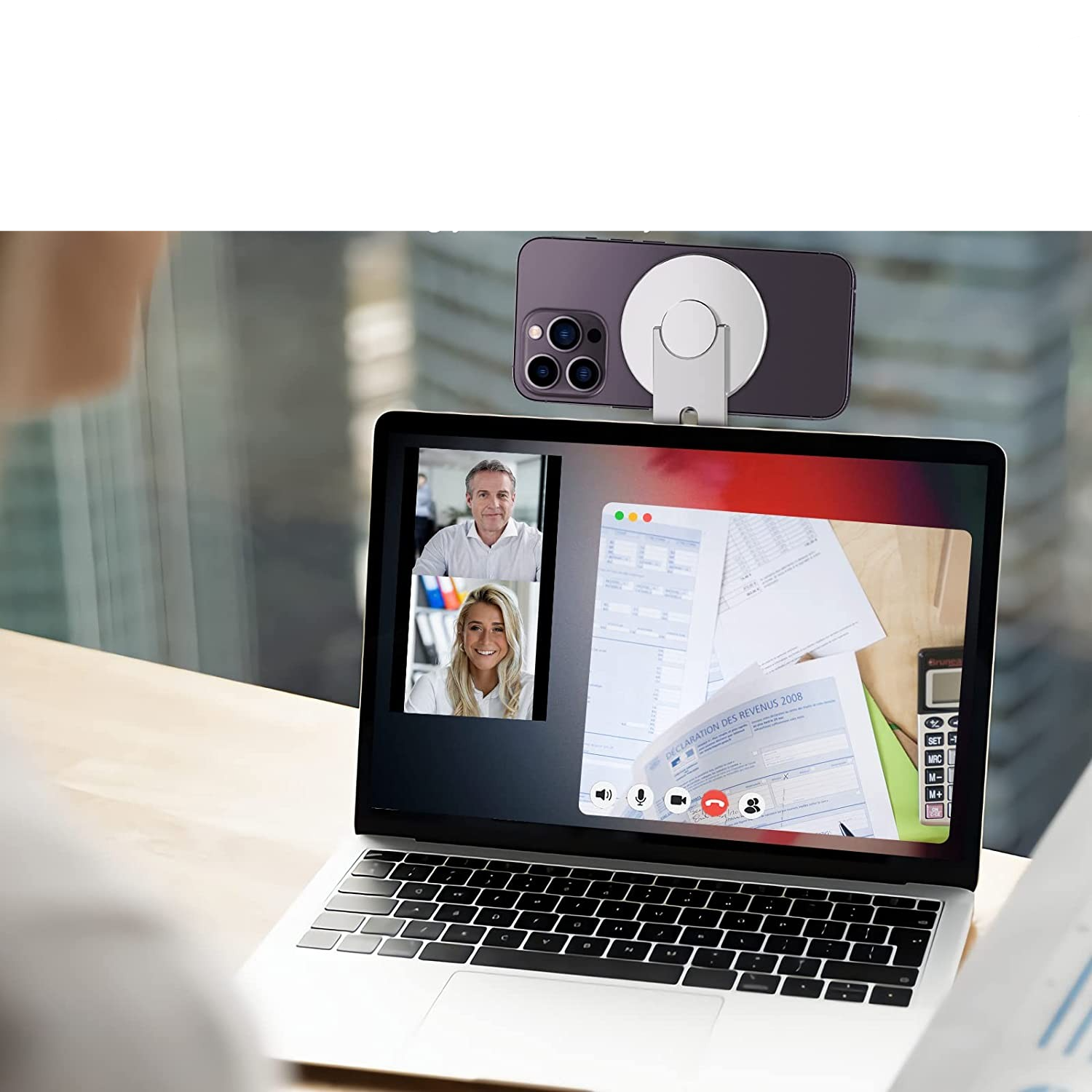 Selbstklebende Aluminium Laptop Erweiterung Magnetische Smartphone Webcam iPhone Halterung mit Magsafe inkl. Magnet Ring - Silber