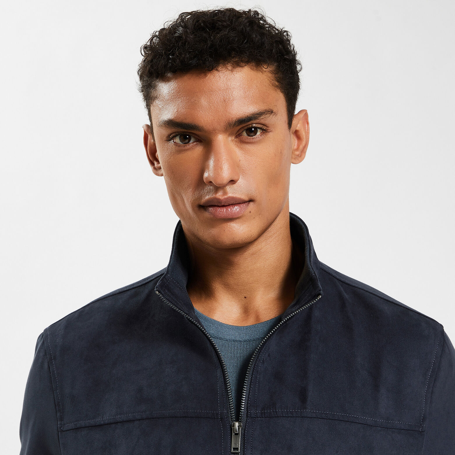 Blouson col montant aspect velours Bleu foncé