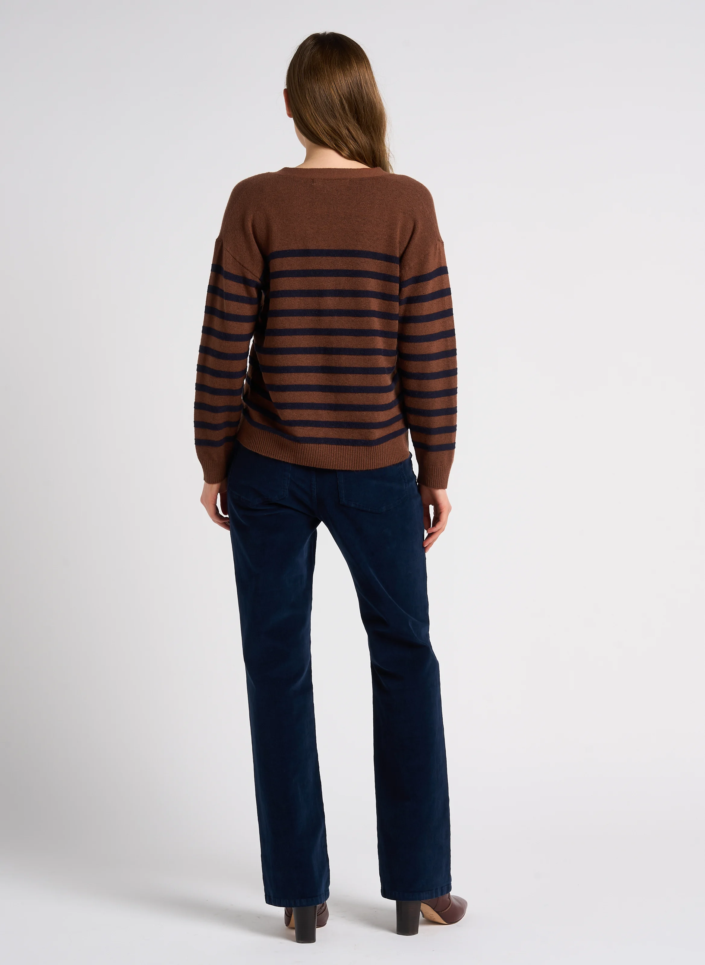 Gilet droit col V à rayures | Marron