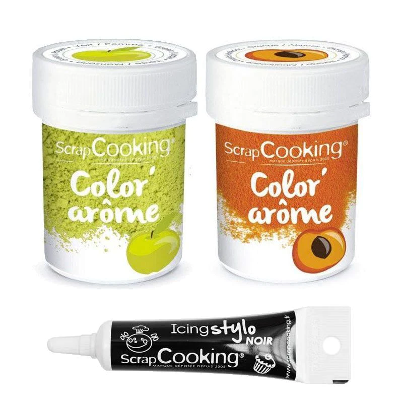 2 colorants alimentaires pomme & abricot + Stylo glaçage noir Scrapcoo