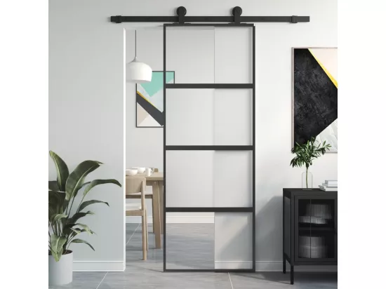 Porte coulissante noir 76x205 cm verre trempé aluminium
