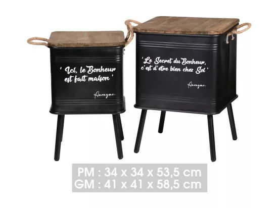 Ensemble de 2 tables noires en métal style industriel avec anse en corde. Collection HAPPINESS