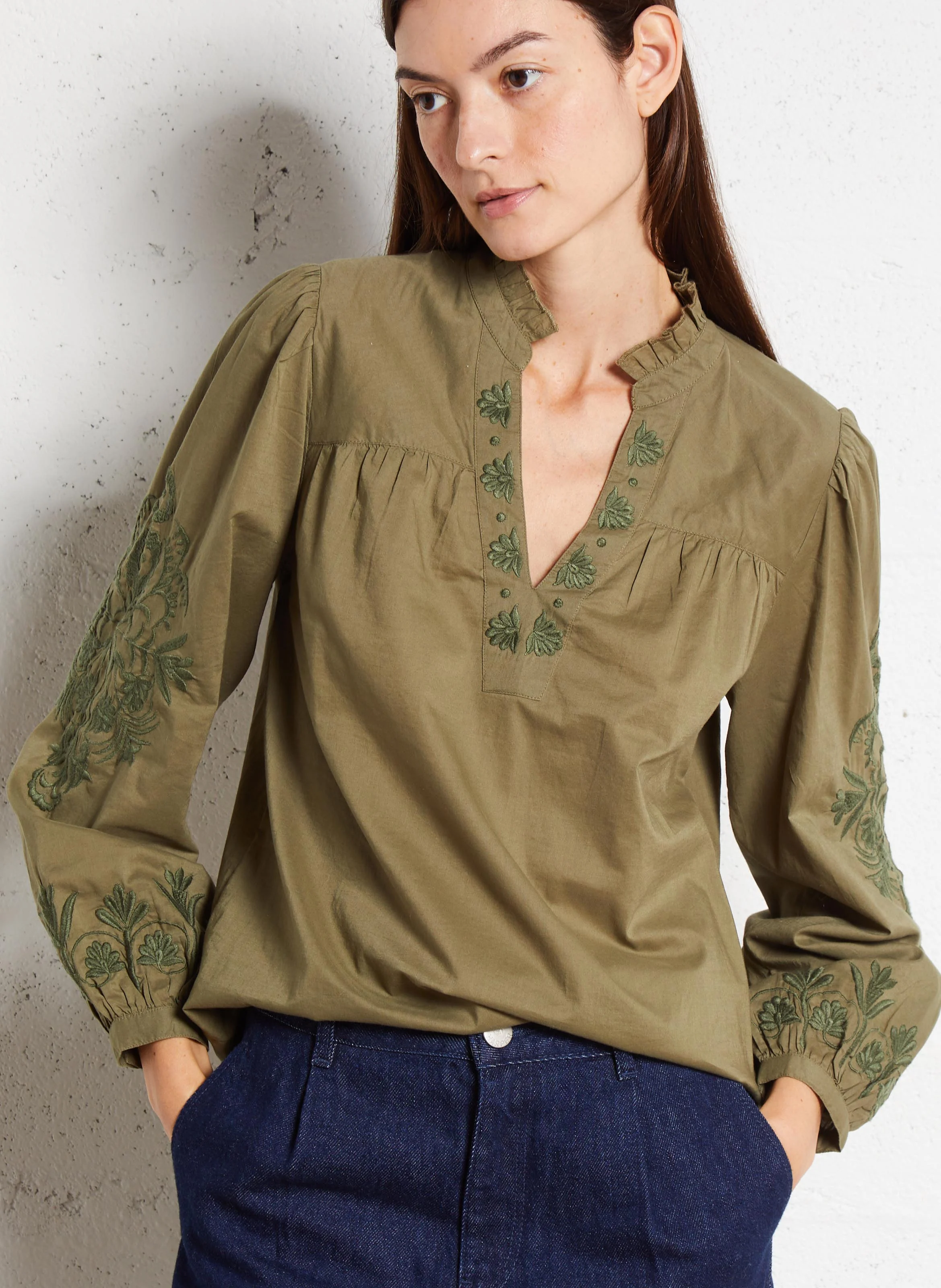 TEFITIS - Blouse col V ample en coton brodé | Vert
