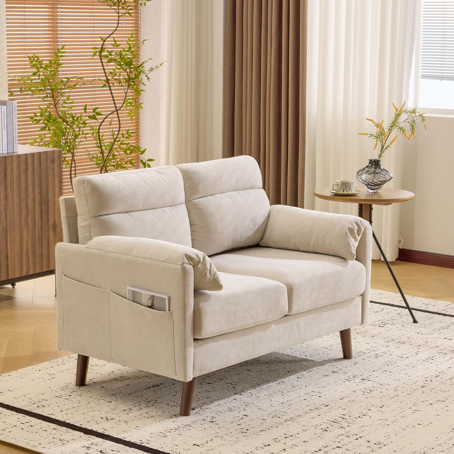Bonnlo Sofa 2 Sitzer klein, 125cm Couch mini, Kleine Stoffcouch mit weichen Armlehnen, Kleines Sofa für Büro, Wohnzimmer, Schlafzimmer und Arbeitszimmer,Einfache Montage, Leinen, Beige
