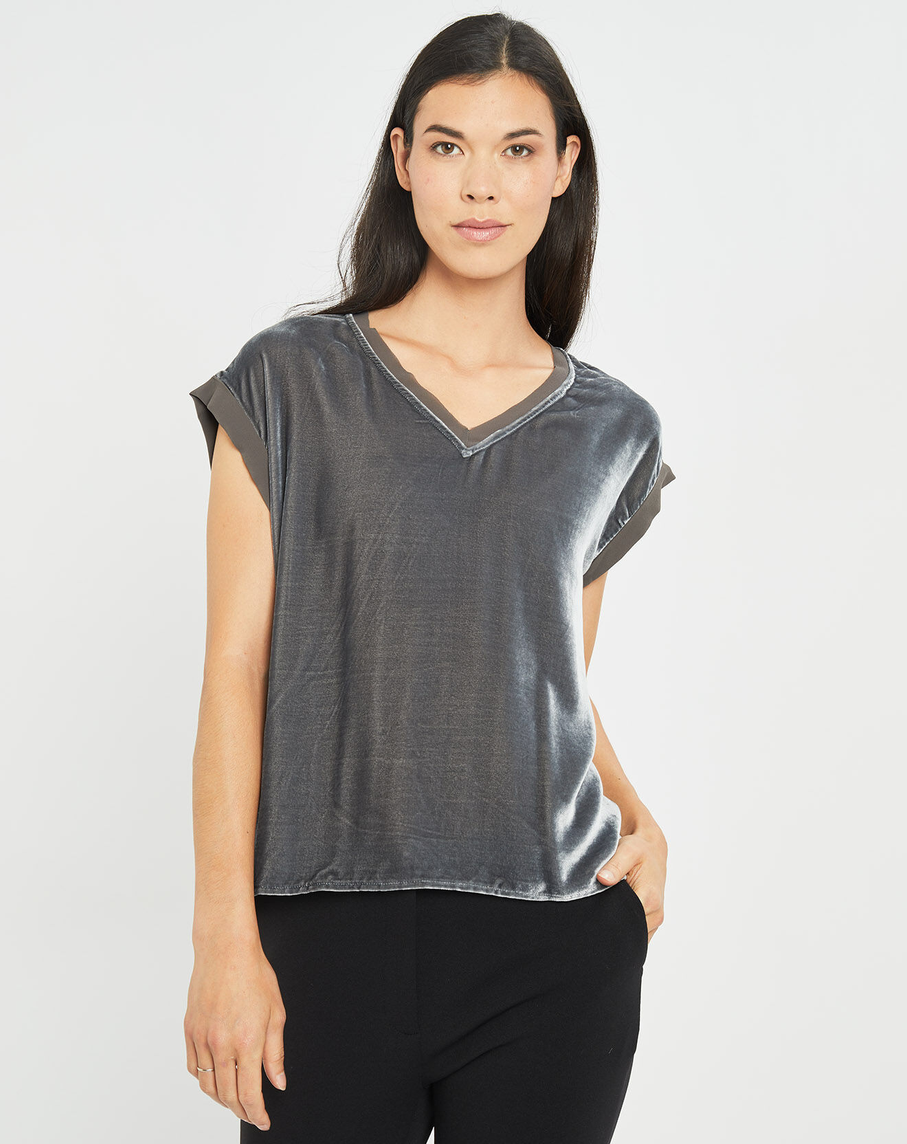 Lauren Vidal Top en Velours Basal gris