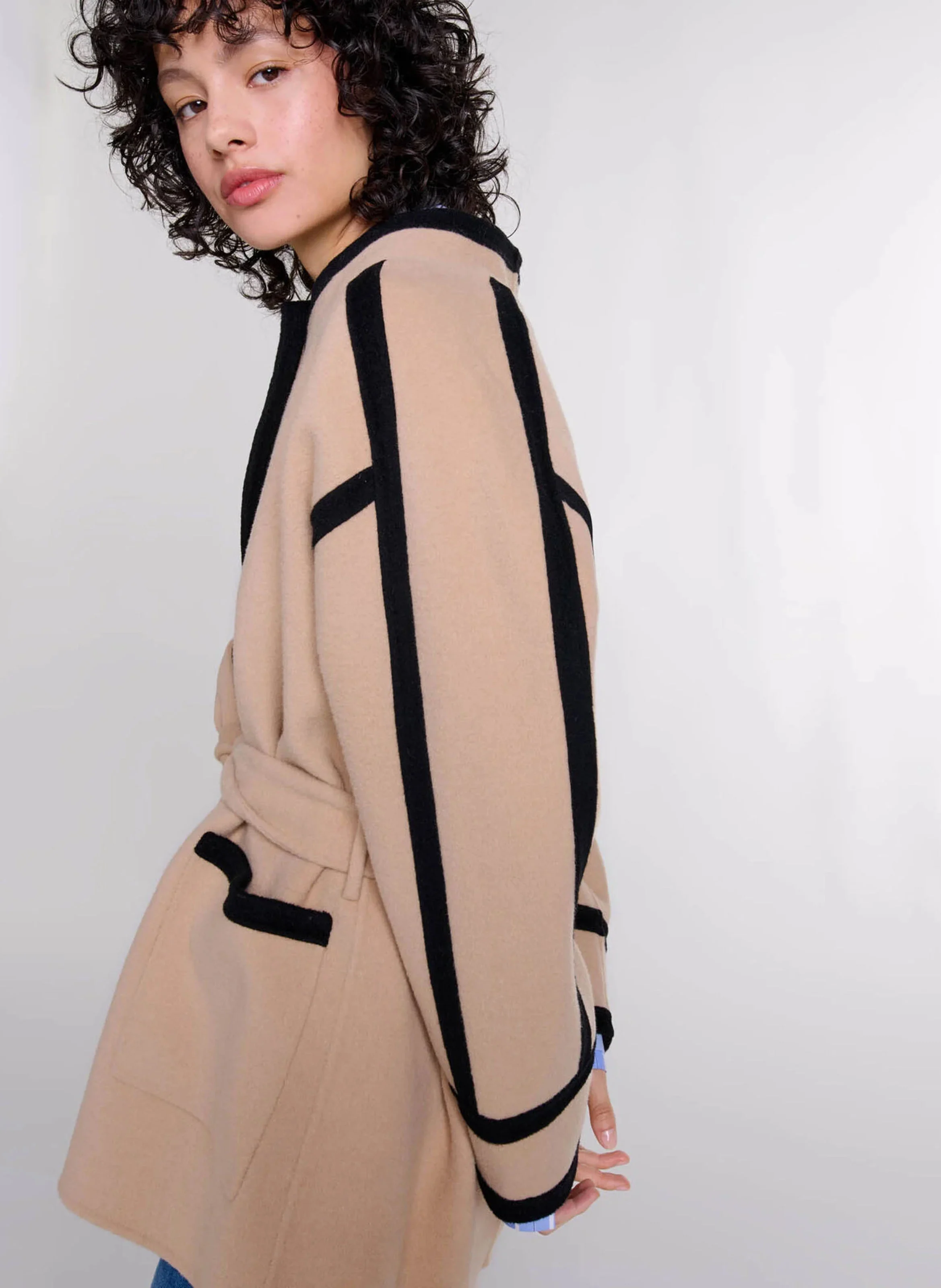Manteau court double face en laine mélangée| Beige