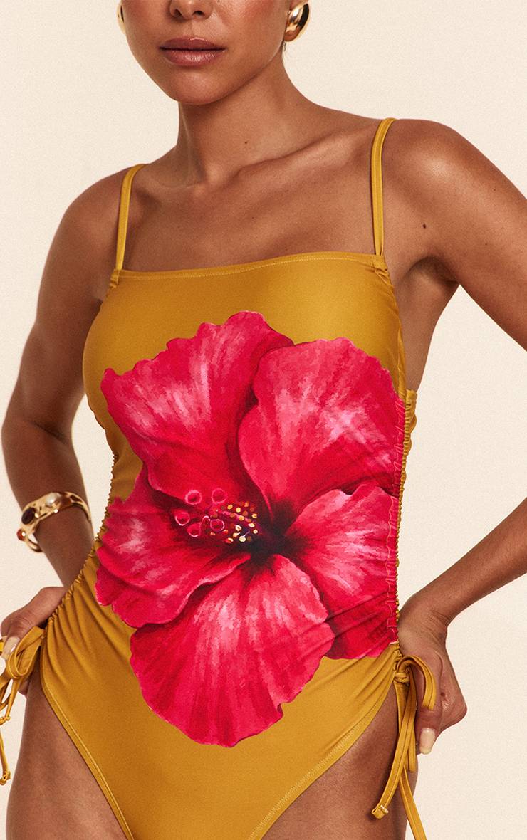 Moutarde Maillot De Bain À Bretelles Imprimé Hibiscus