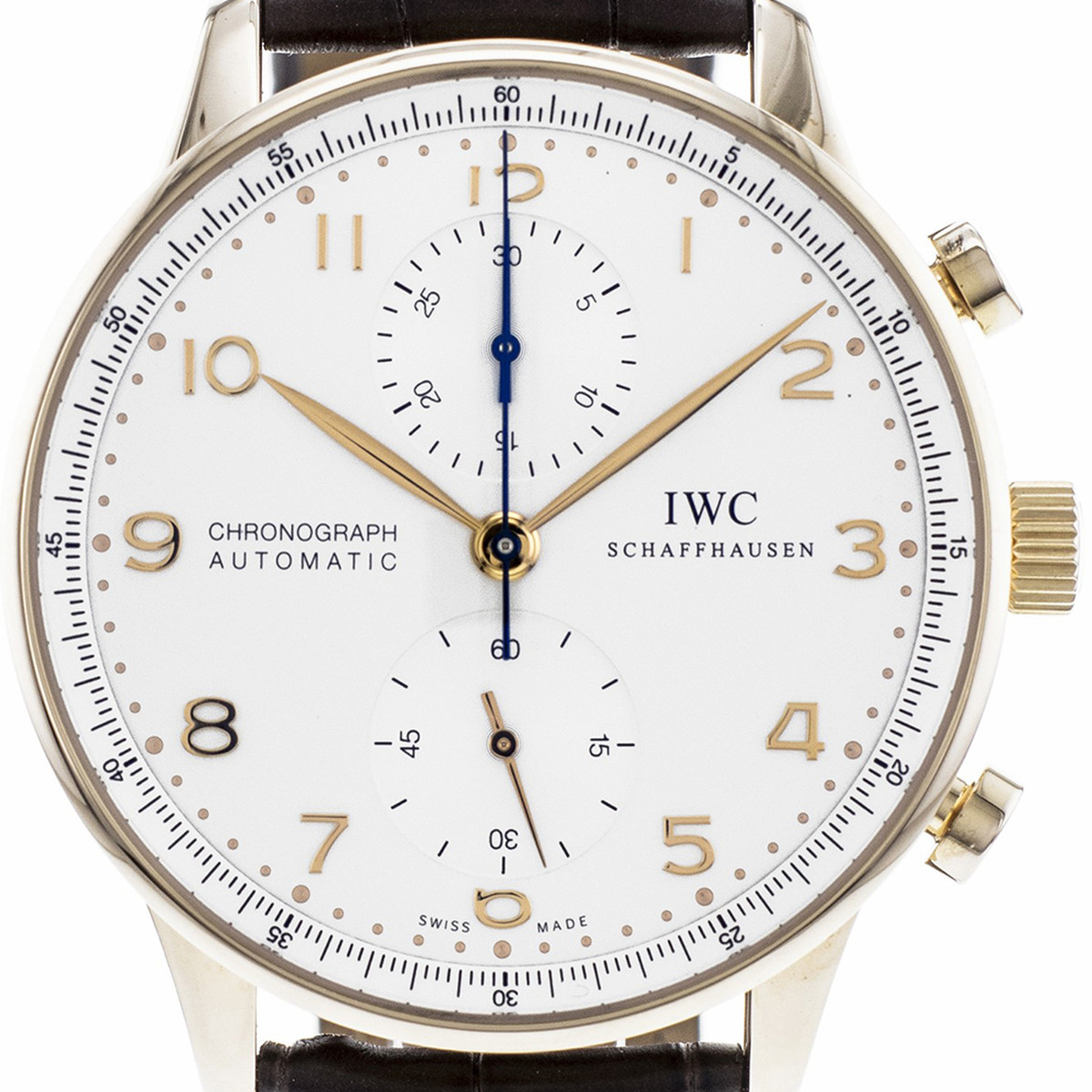 Montre d'occasion IWC Portugaise homme chronographe automatique acier doré rose bracelet cuir noir
