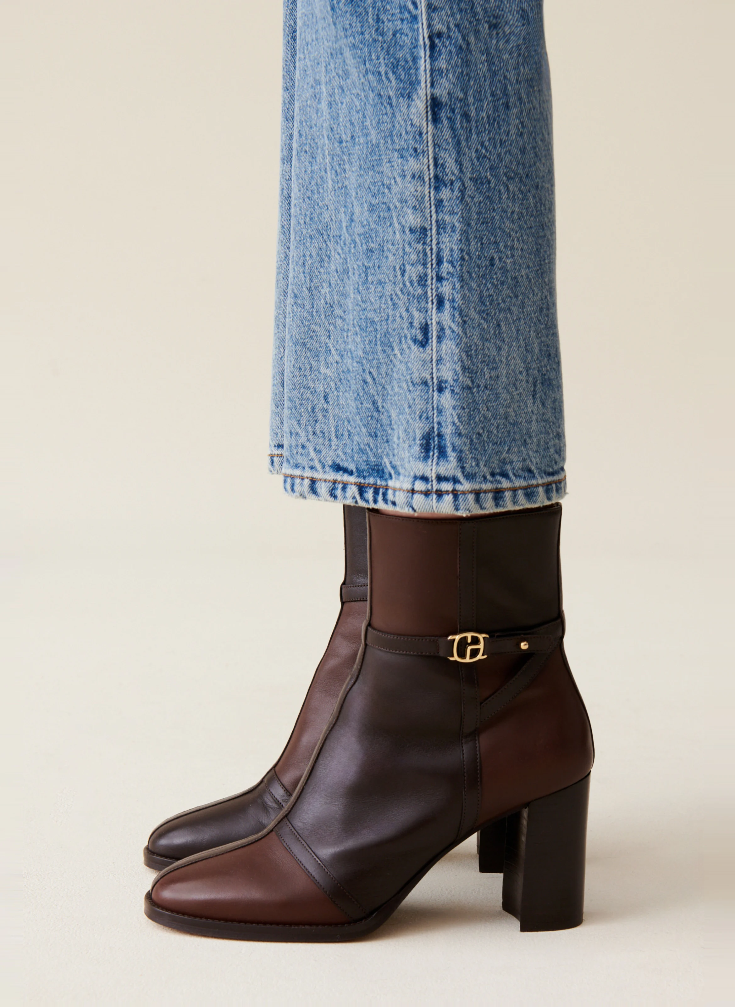 Bottines en cuir vernis patchwork | Marron