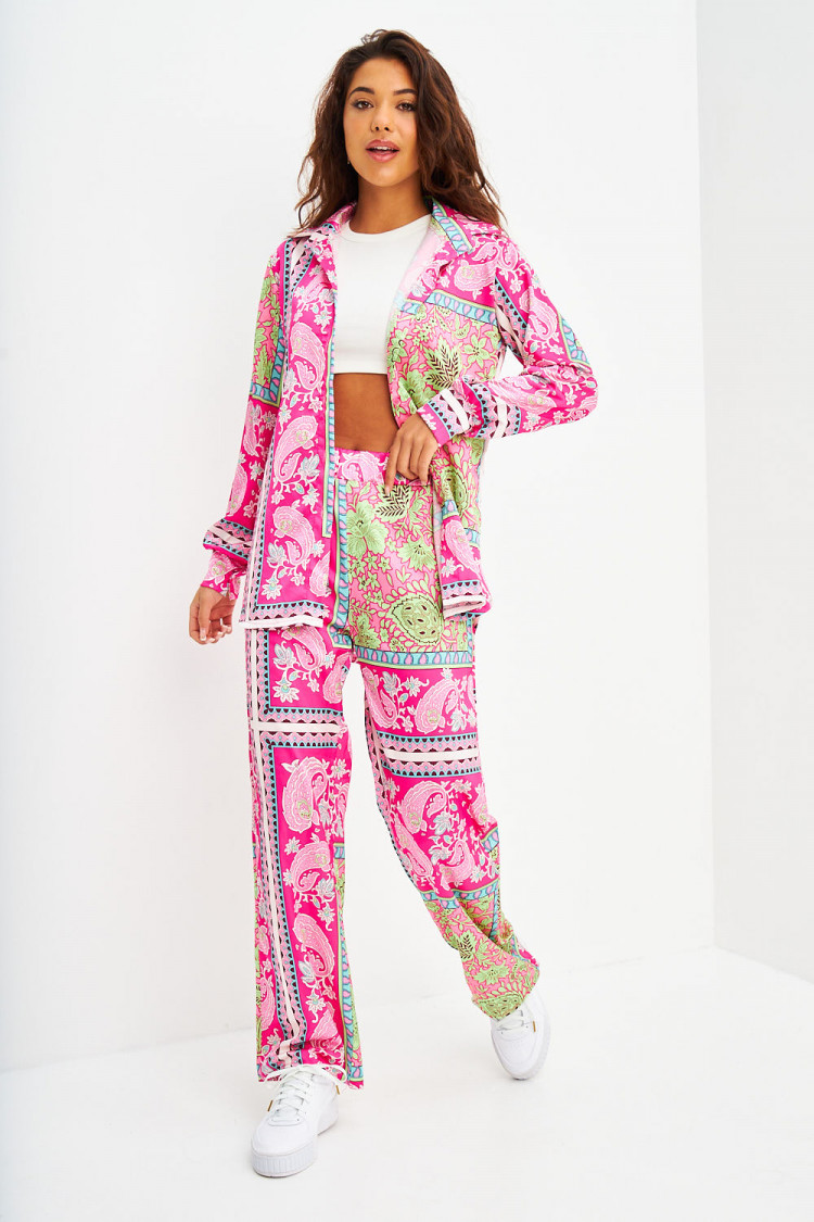 Ensemble 2 pièces chemise + pantalon rose/vert motif baroque et paisley