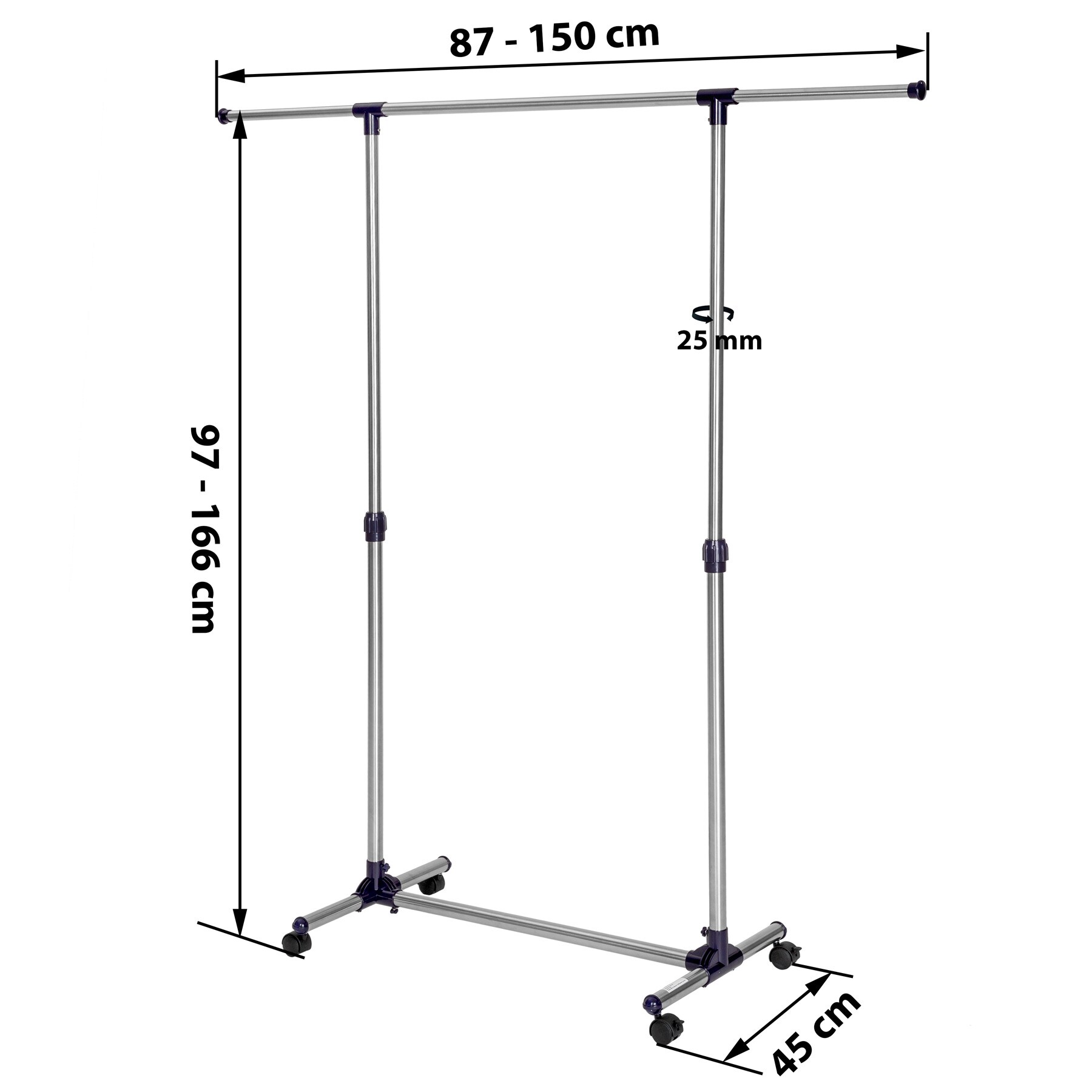 tectake® Kleiderständer, auf Rollen mit 2 Festellbremsen, pflegeleicht, 87 - 150 x 45 x 97 - 166