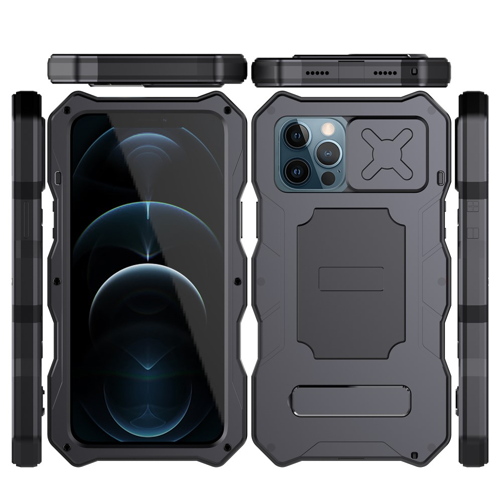 iPhone 12 / iPhone 12 Pro Hybrid Outdoor Hardcase Hülle mit Cam-Slider   Kickstand (Spritzwassergeschützt IP54) - Schwarz (Matt)