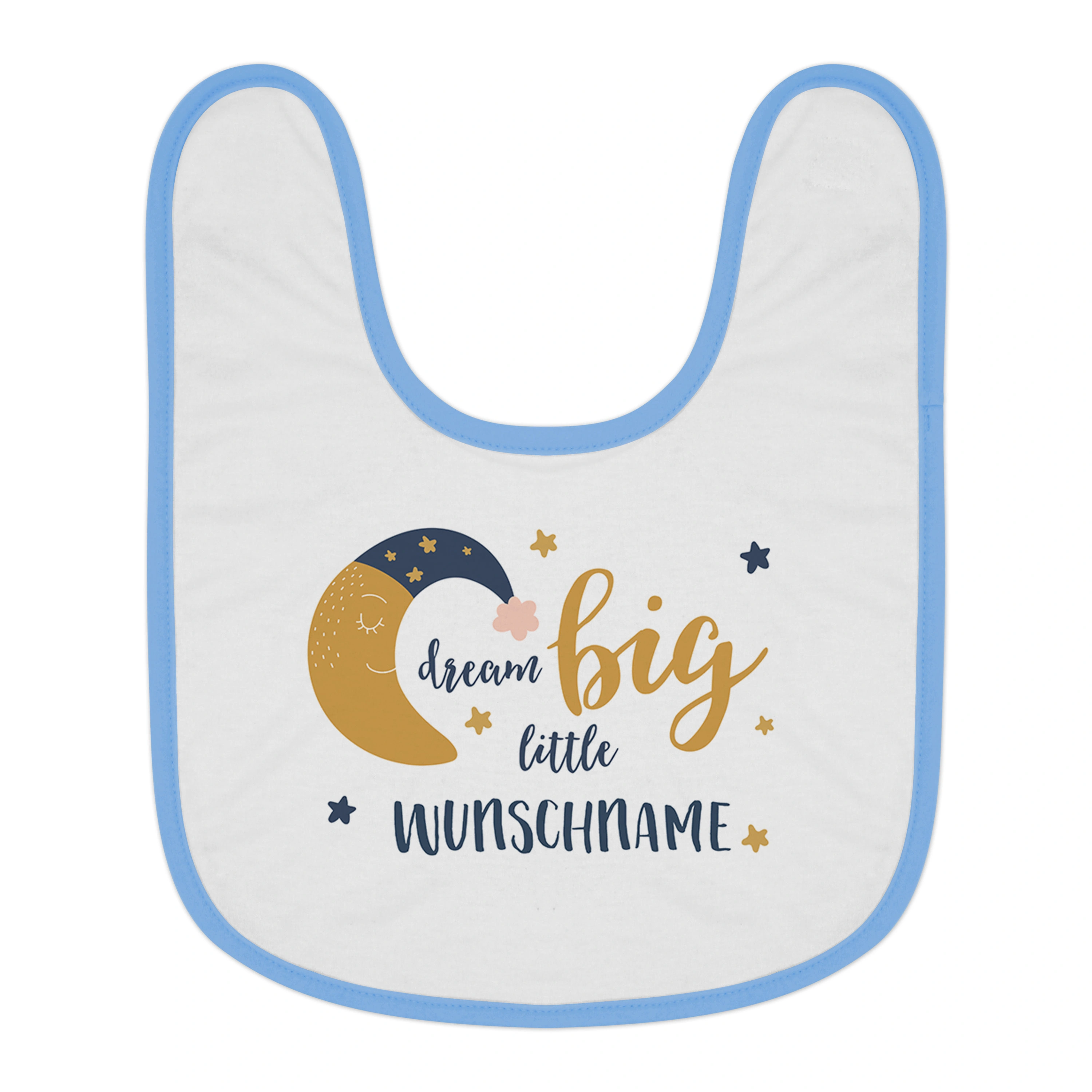 Baby-Lätzchen mit Namen, blau (Motiv: Dream Big)