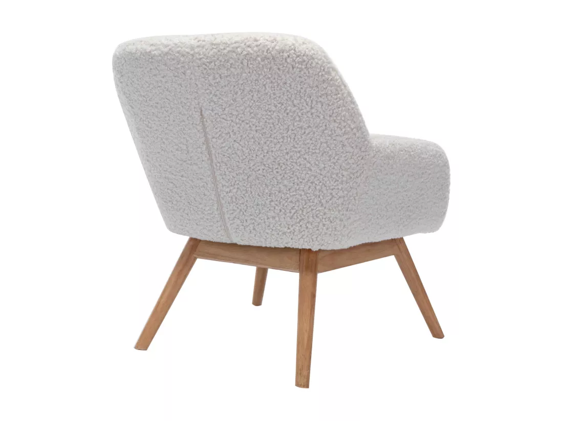 MALMO, Fauteuil lounge en tissu bouclé écru et hévéa naturel