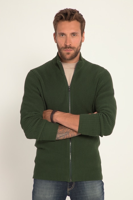 Strickjacke, kerniger Rippstrick, Stehkragen, Zipper