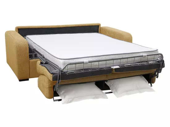 Canapé 3 places convertible express en tissu jaune moutarde - Couchage 140 cm - Matelas 13 cm - BEVIS
