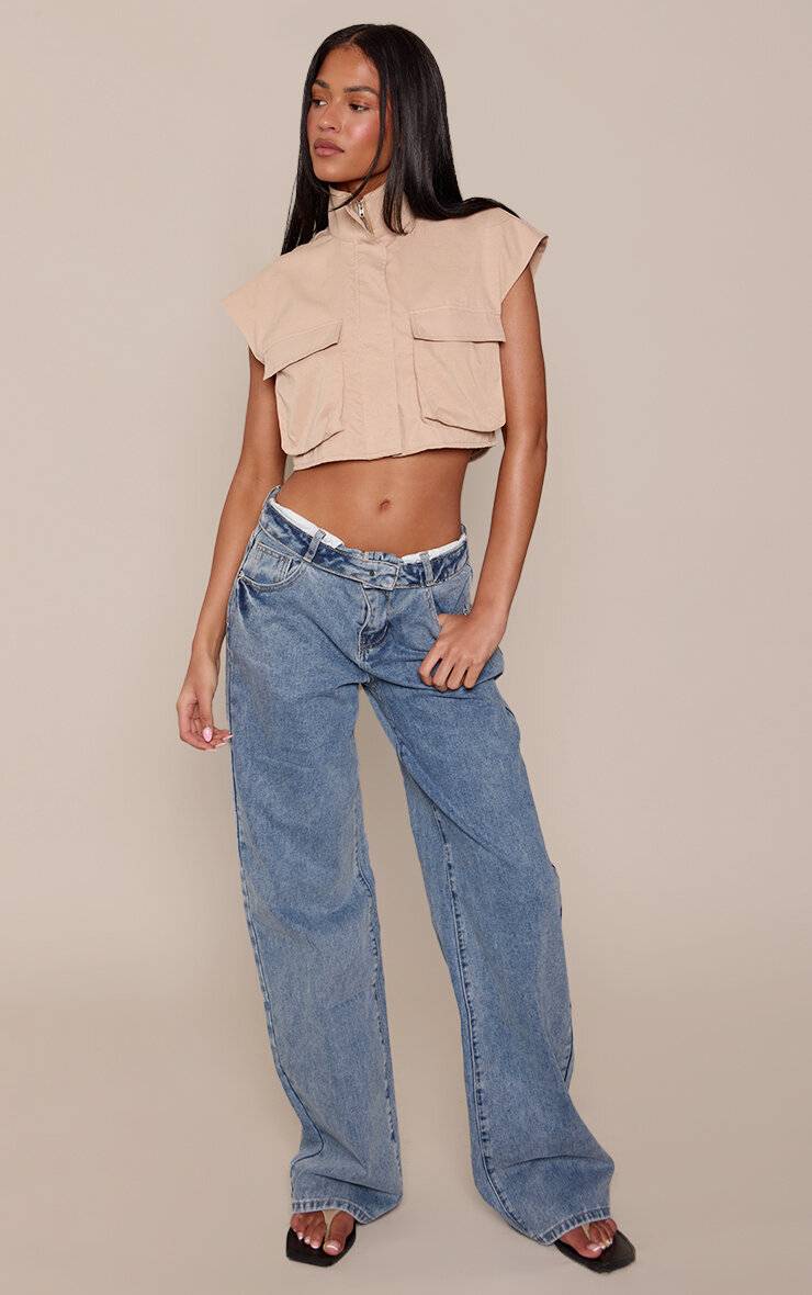 Mid Blue Wash Jean Large Taille Haute À Revers Délavage Vintage Bleu