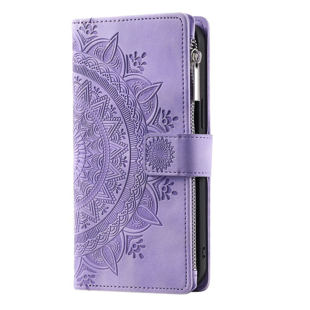 Samsung Galaxy S25 FE Leder Tasche Flip Cover mit Reissverschluss - Mandala Flowers Imprint - Lila