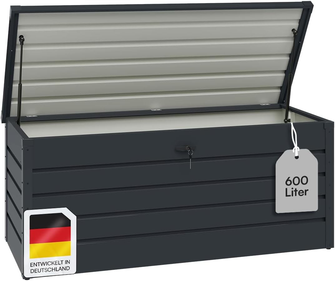 STEELSØN Dorado Gartenbox aus verzinktem Metall 600 Liter – Outdoor Box wasserdicht Anthrazit – Auflagenbox abschließbar mit klappbarem Deckel – Aufbewahrungsbox Garten/Balkon/Terrasse 165x70x63 cm