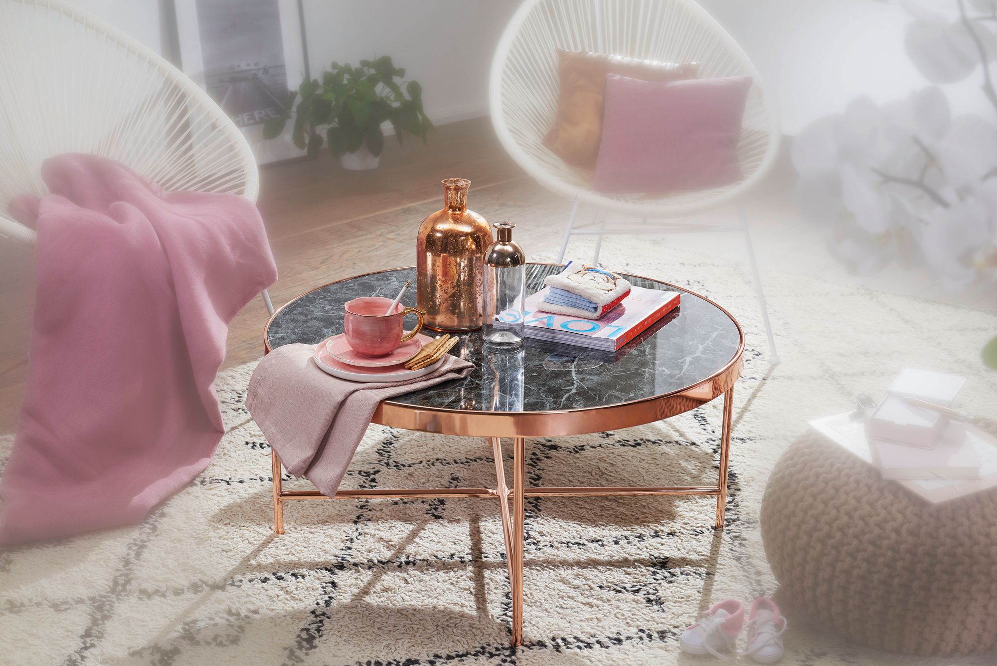 FineBuy Couchtisch Marmor Optik Schwarz Rund Ø82,5 cm Wohnzimmertisch Kupfer