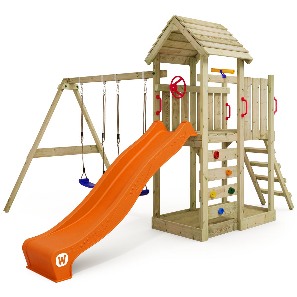 WICKEY MultiFlyer Houten Dak Klimrek met Schommel en Glijbaan, Klimtoren met Houten Dak, Zandbak, Ladder en Speelaccessoires - Oranje